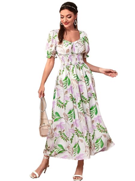 

plant print puff sleeve bow front shirred dress j8kp#, Black;gray