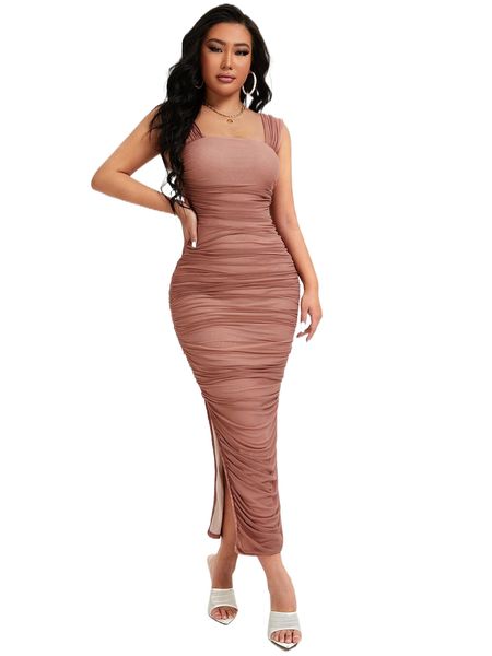 

ruched slit hem mesh bodycon dress 63yx#, Black;gray
