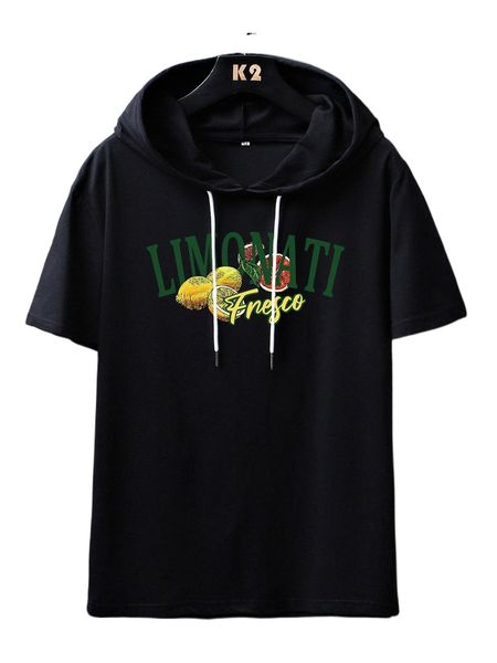 

men fruits & letter graphic drawstring hooded tee e2sn#, White;black