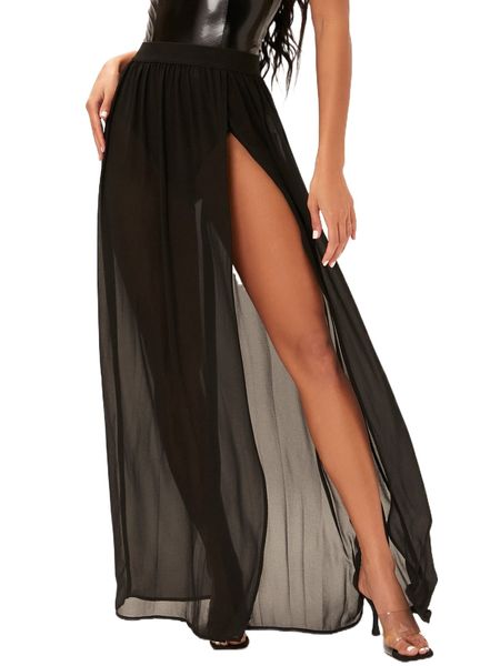 

tall split thigh mesh skirt 13ox#, Black