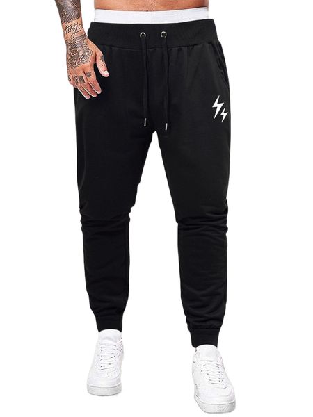 

men lightning print drawstring waist sweatpants s9if#, Black
