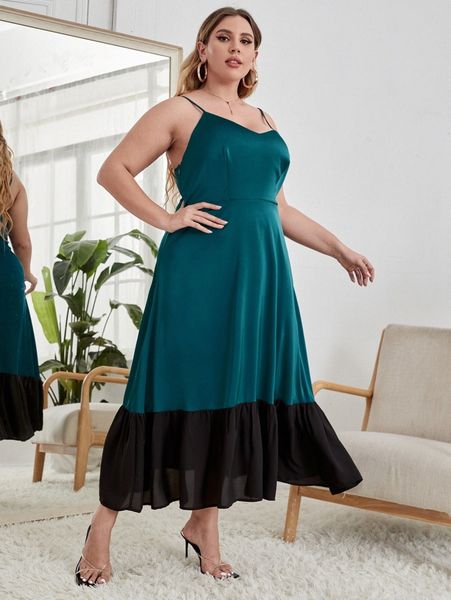 

x ngozika okeke plus asymmetrical neck contrast ruffle hem cami dress s245#, Black