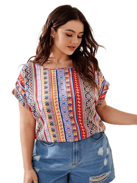 

plus floral & geo print batwing sleeve blouse q4um#, Black