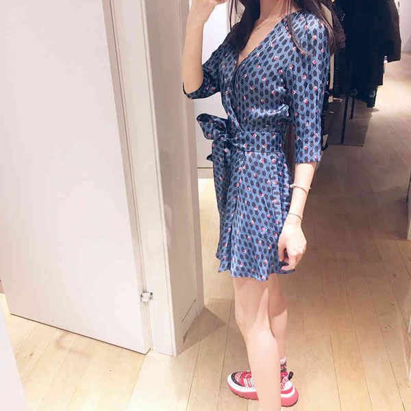 

french elegance spring and summer fresh slim lace up floral skirt lady v-neck dress, Black;gray