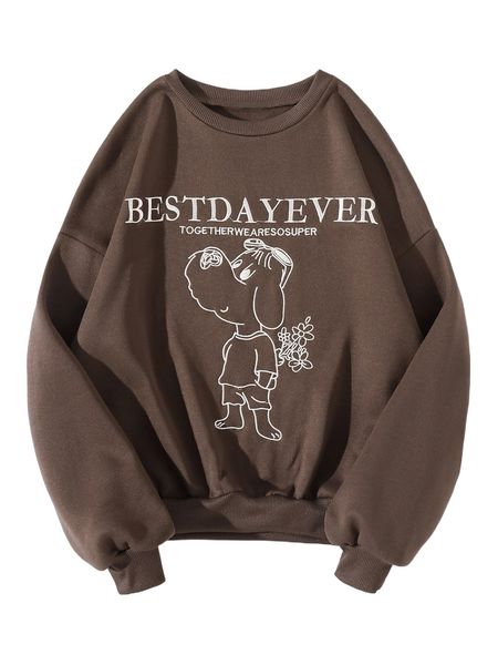 

letter & cartoon embroidery drop shoulder sweatshirt 56pp#, Black