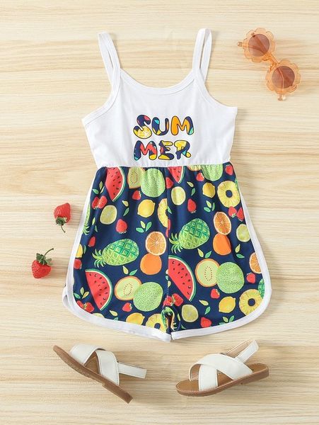 

toddler girls letter & fruit print cami romper she, Blue