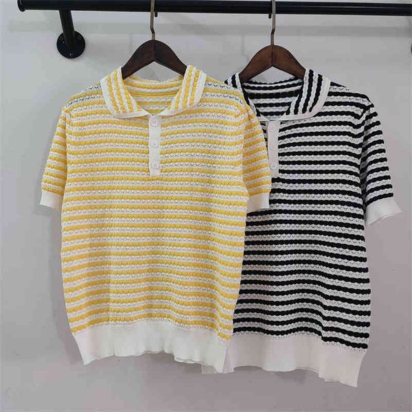 

women's knits tees french niche sweater short sleeved women's t summer hollow out design striped thin, White