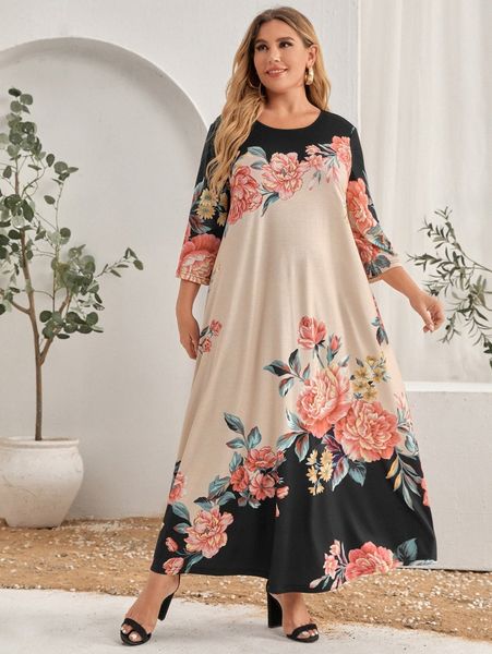 

plus floral print color block tee dress e2w5#, Black