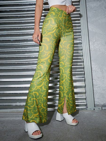 

allover print split hem flare leg pants r2ng#, Black;white