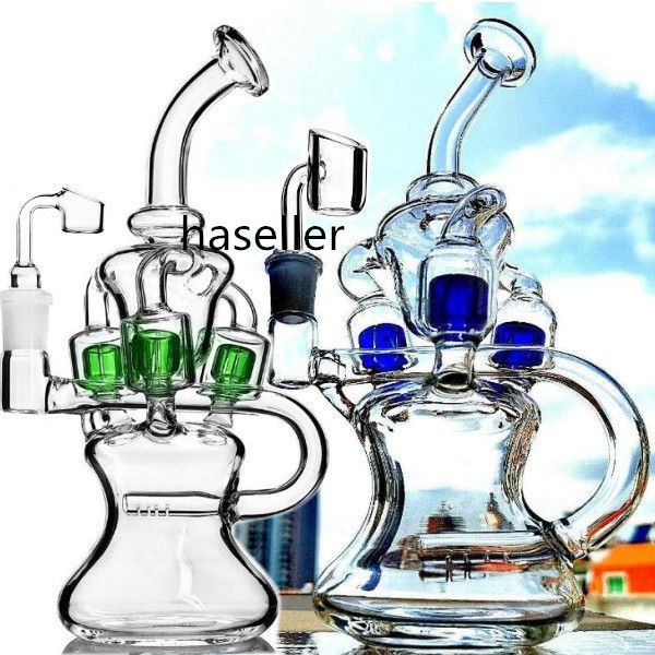 9.4 polegadas Klein Recycler Plataformas de petróleo Bonga de vidro de vidro de vidro de vidro Shisha Fumaça de água Pipes Dab Colored Perc com Banger de 14 mm