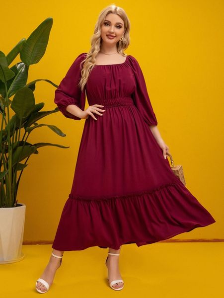 

plus shirred waist lantern sleeve ruffle hem dress 50nn#, Black