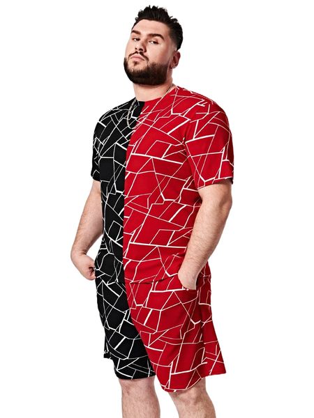 

extended sizes men geo print two tone tee & shorts b7os#, Gray