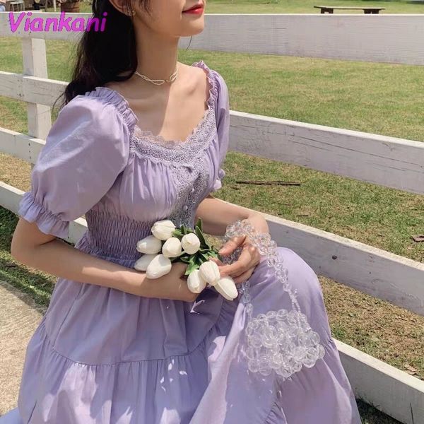 Женщины моды Purple Elegantes Long Dress Cottage Cottage Vintage Женщины носят эстетическую летнюю фею Sukienka Kawaii 220521