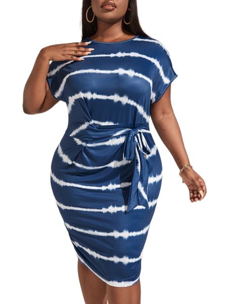 

sxy plus tie dye knot front batwing sleeve dress 73pt#, Black