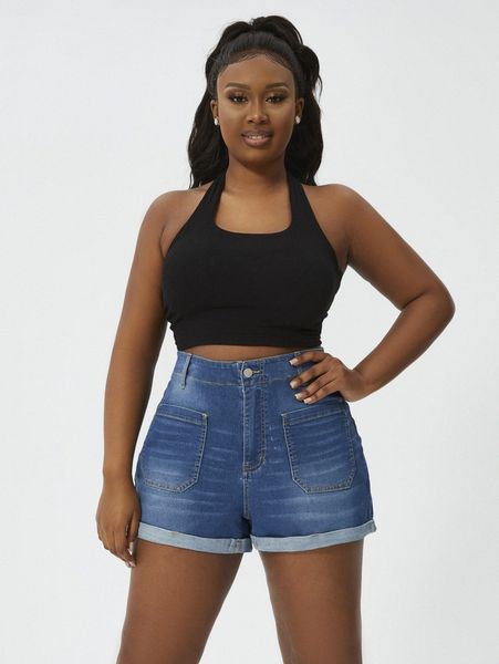 

plus high waist pocket patched denim shorts z4ii#, White;black