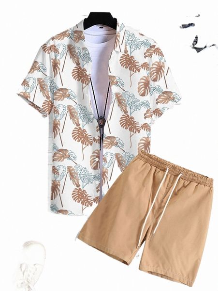 

men random tropical print shirt & drawstring shorts without tee 9747#, Gray