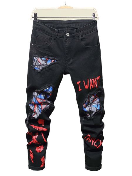 

men slogan graphic ripped rag stitching skinny jeans c3ji#, Blue