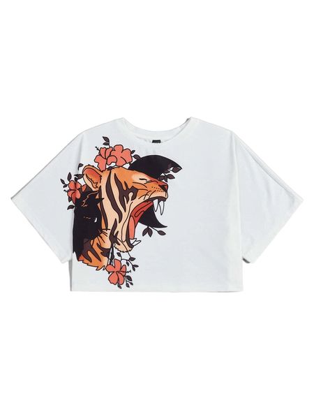 

x sydney saathoff tiger & floral print crop tee k382#, White