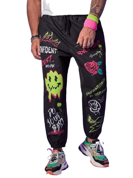 

extended sizes men expression & slogan graphic drawstring waist pants d7ow#, Black