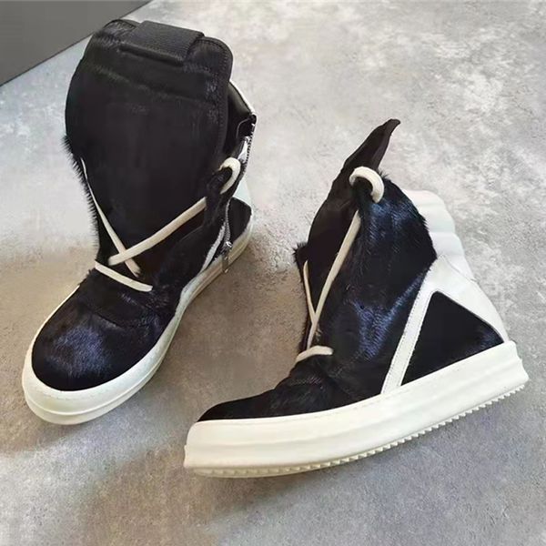 

horse hair pony upper men ankle boots big size genuine leather tpu sole men's fashion sneakers, Black