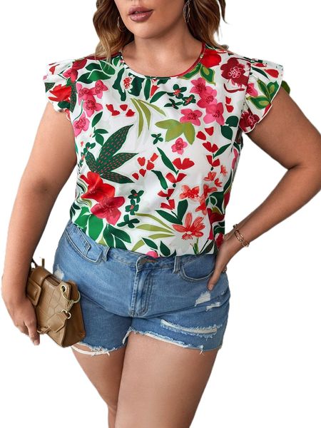 

plus floral print ruffle trim m8ts#, Black