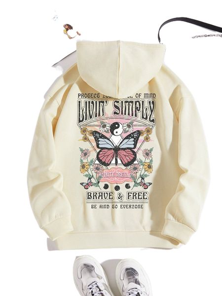 

floral & butterfly print drawstring thermal hoodie q4um#, Black