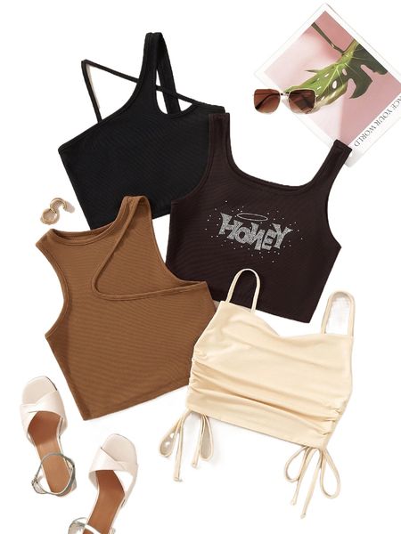 

4pcs rhinestone letter pattern drawstring side crop 11gz#, White