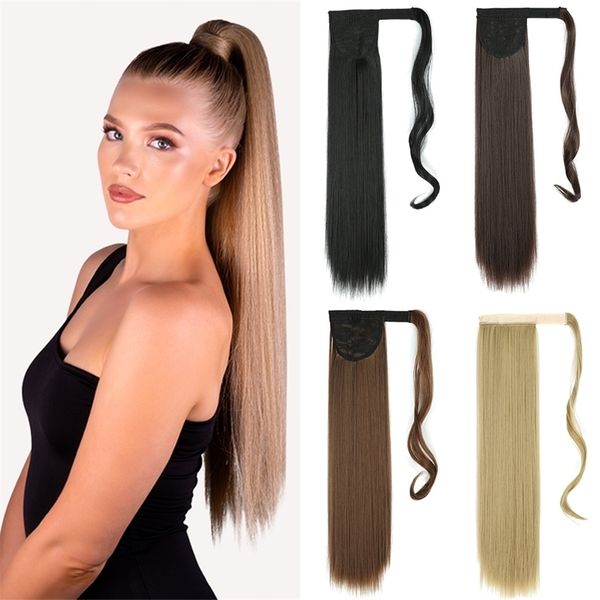

azir long straight tail hair synthetic heat resistant 22inch wrap around piece for women 220715, Black
