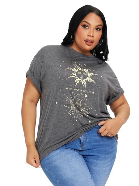 

sxy plus sun & moon print roll up sleeve tee l7a8#, Black
