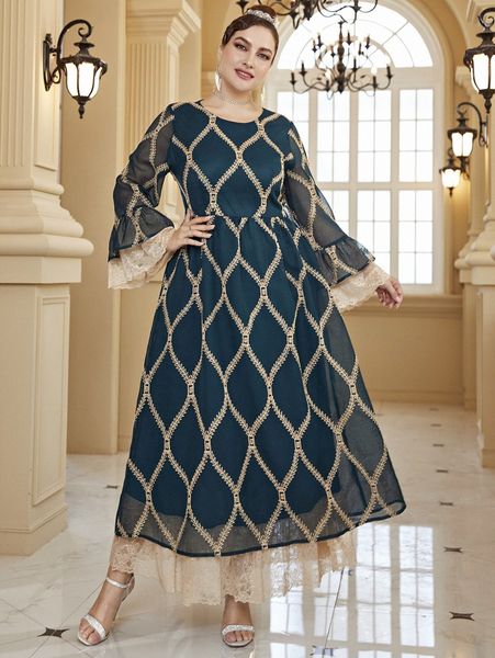 

plus random plant embroidered contrast lace flounce sleeve dress k2be#, Black