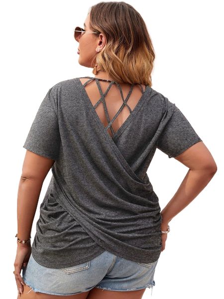 

plus criss cross wrap back tee q3mf#, Black
