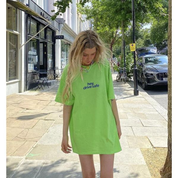 Damen T-Shirt 2022 Sommer Baumwolle Grün Top Übergroße Damen Hey Drive Safe Letters Print Loose Tee Chic Y2k Fashion AestheticWomen's