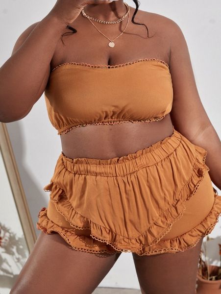 

sxy plus tube and ruffle trim shorts h8ec#, Black