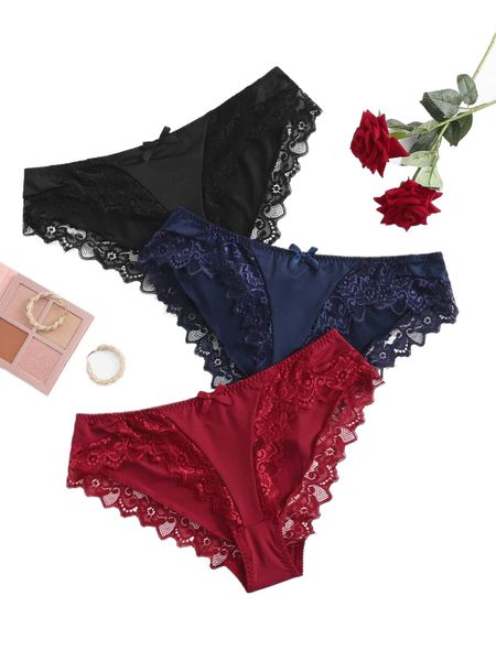 

3pack plus contrast lace panty e2hd#, Black;white