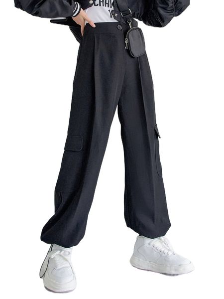 

dazy flap pocket side drawstring hem cargo pants p22p#, Black;white