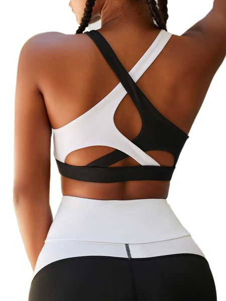 

two tone cut out crisscross back sports bra 15bv#, Gray