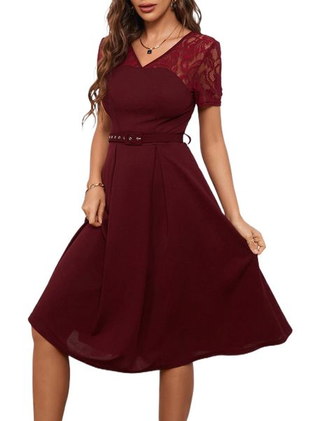 

contrast lace fold pleated belted dress 61lm#, Black;gray