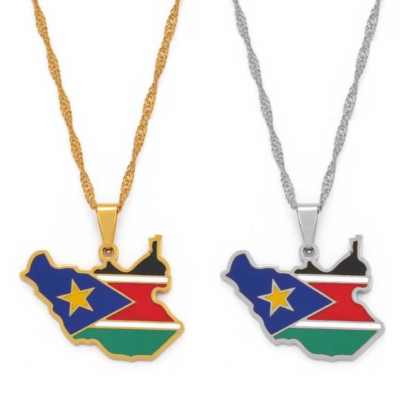 Colares pendentes Anniyo Sudão do Sul Mapa Bandeira Prata/Jóias de Cor Gold Mapas Sudaneses Presentes Étnicos #098721Pingente