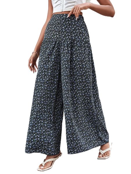 

high waist ditsy floral wide leg pants h0gt#, Black;white