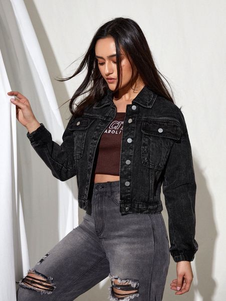 

flap pocket button front drop shoulder denim jacket f7ob#, Black;brown