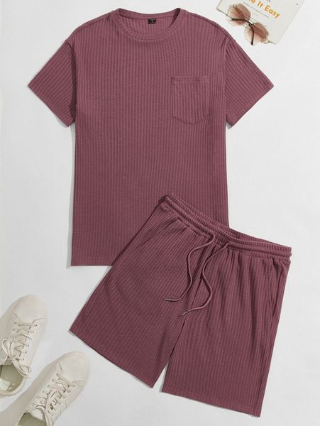 

men rib knit tee & drawstring waist shorts set v4an#, Gray