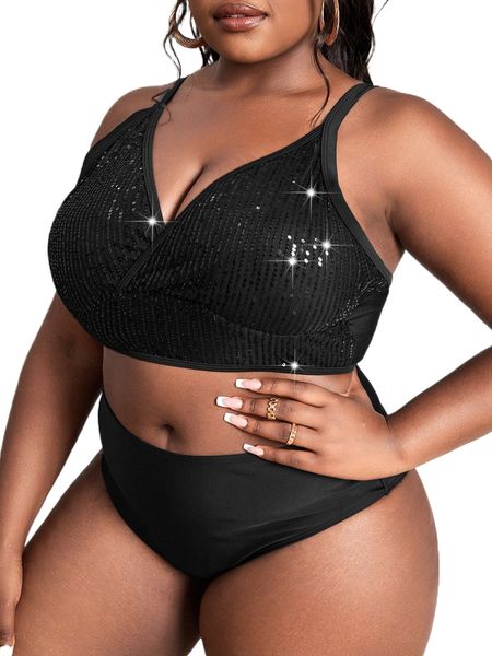

plus contrast sequin tie back bikini p1vq#, Black
