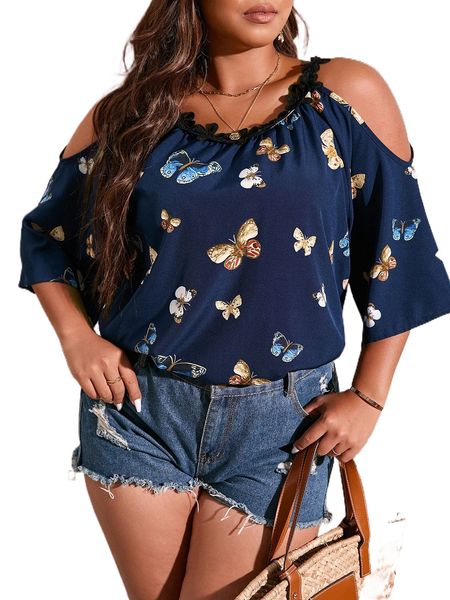 

plus butterfly print appliques cold shoulder blouse 27o5#, Black