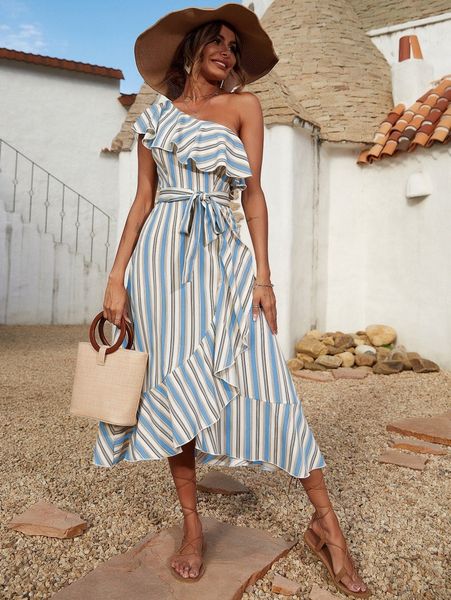 

one shoulder ruffle trim self belted striped dress s2f0#, Black;gray