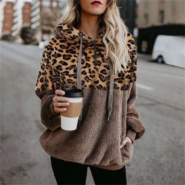 

leopard teddy sweater hooded oversized sherpa pullover plus size 5xl fluffy feece sweaters female leopard warm streetwear 201224, White;black