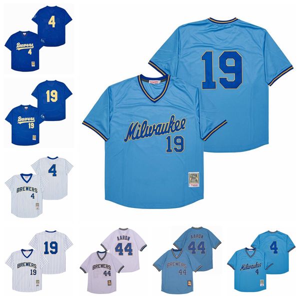 

throwback 1982 baseball 19 robin yount jersey vintage 4 paul molitor 44 hank aaron retro pullover cool base pinstripe white blue yellow team, Blue;black