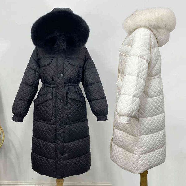 

real fox fur down parka women midlength new diamond grid quilted jacket belt high waist over knee thick winter jacket j220727, Black