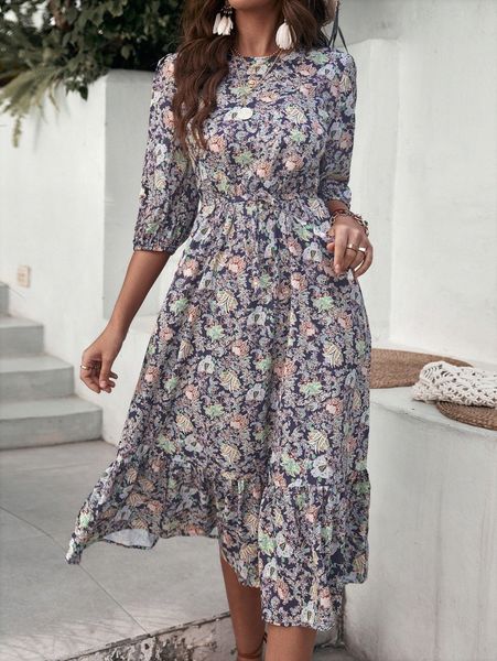 

random floral & paisley print puff sleeve ruffle hem belted dress x3cs#, Black;gray