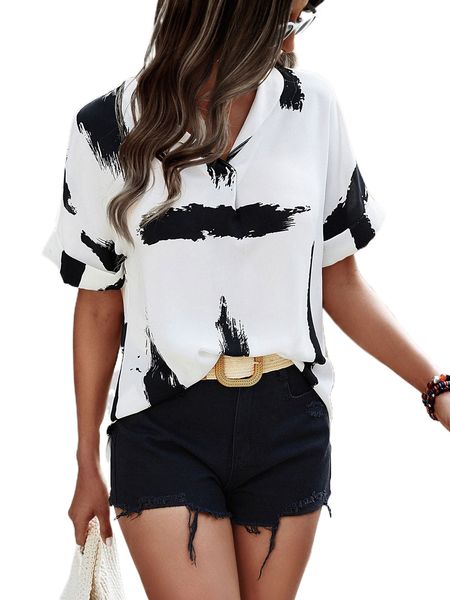 

brush print batwing sleeve blouse l5u8#, White