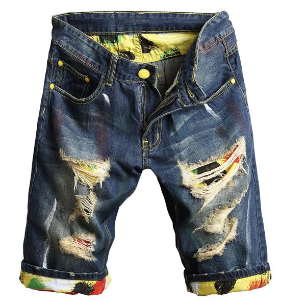 

men's jeans summer denim 5-point trousers blue medium waist cotton washed spot youth hole stickers jeans